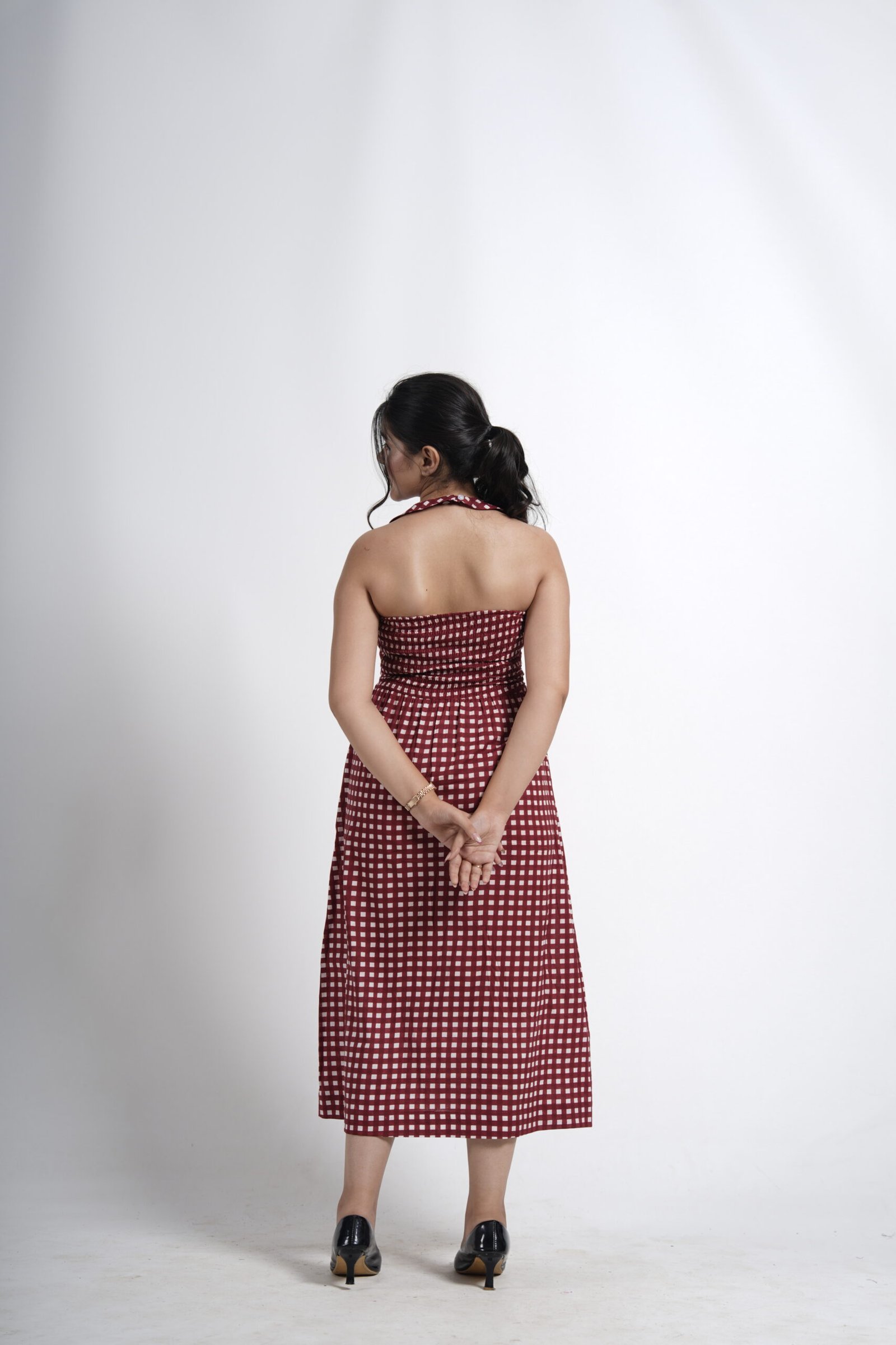 Wine Checkered Midi Dress - Image 5