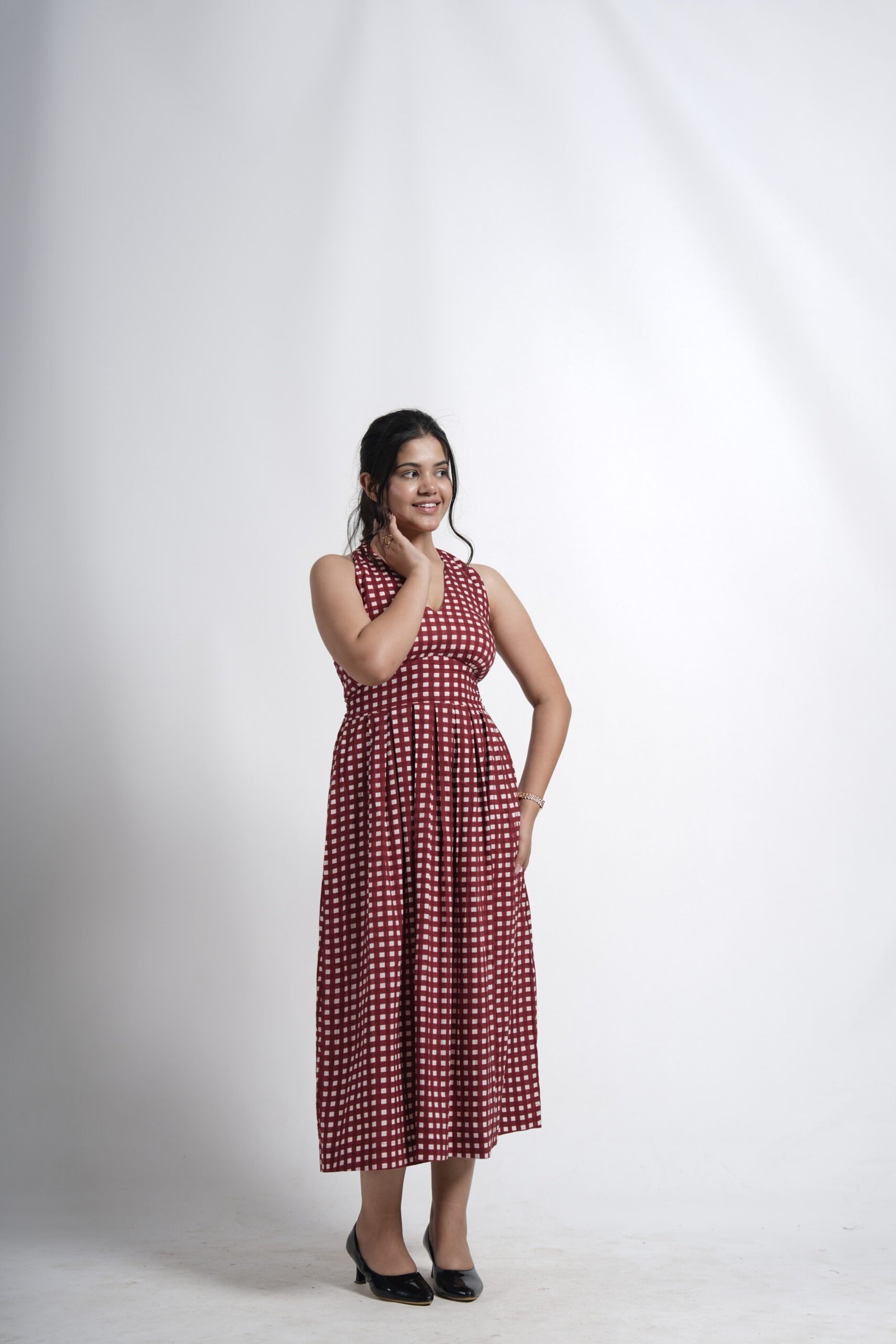 Wine Checkered Midi Dress - Image 4