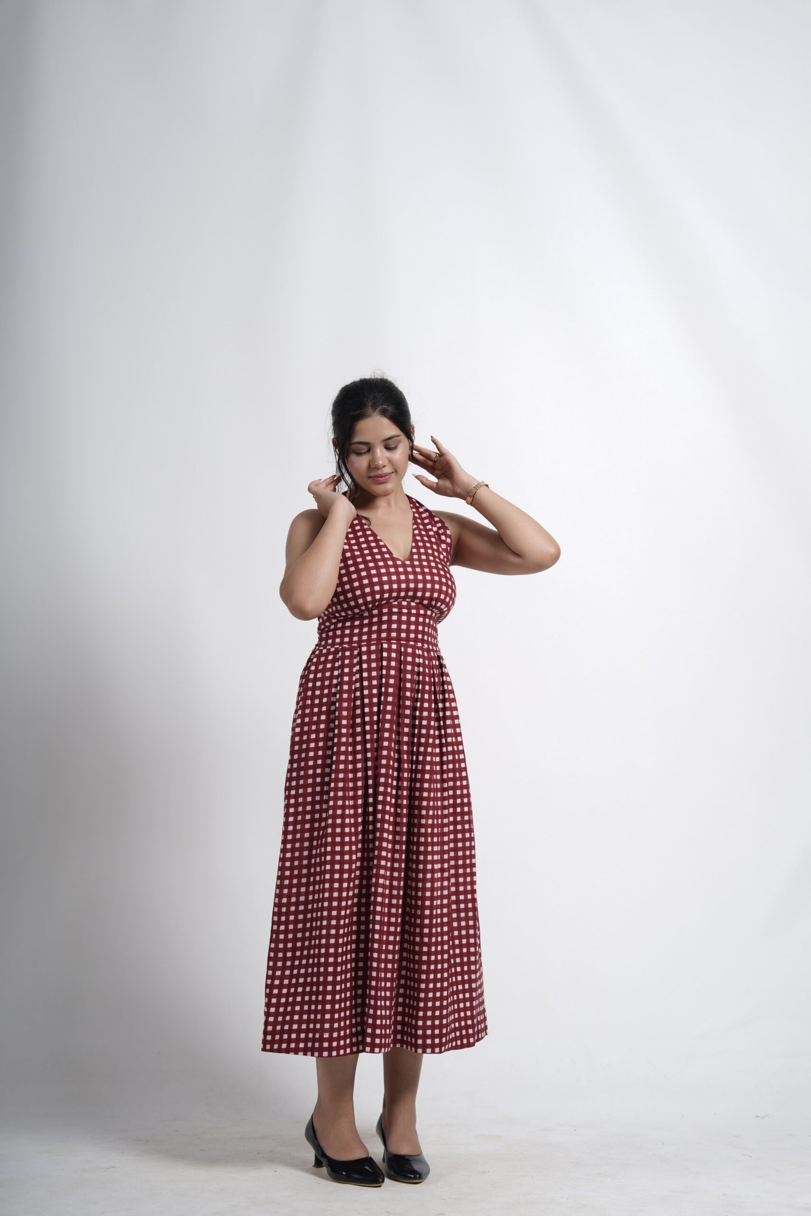Wine Checkered Midi Dress - Image 3