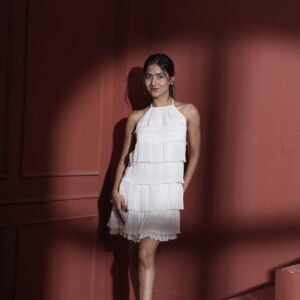 Ivory Tiered Halter Neck White Mini Dress